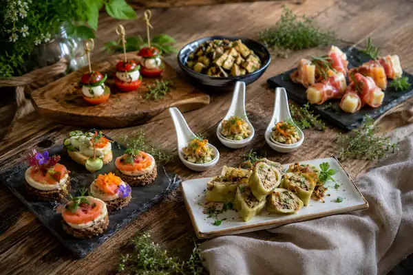 Fingerfood-Platte mit bunten Häppchen für Empfänge und Vernissagen